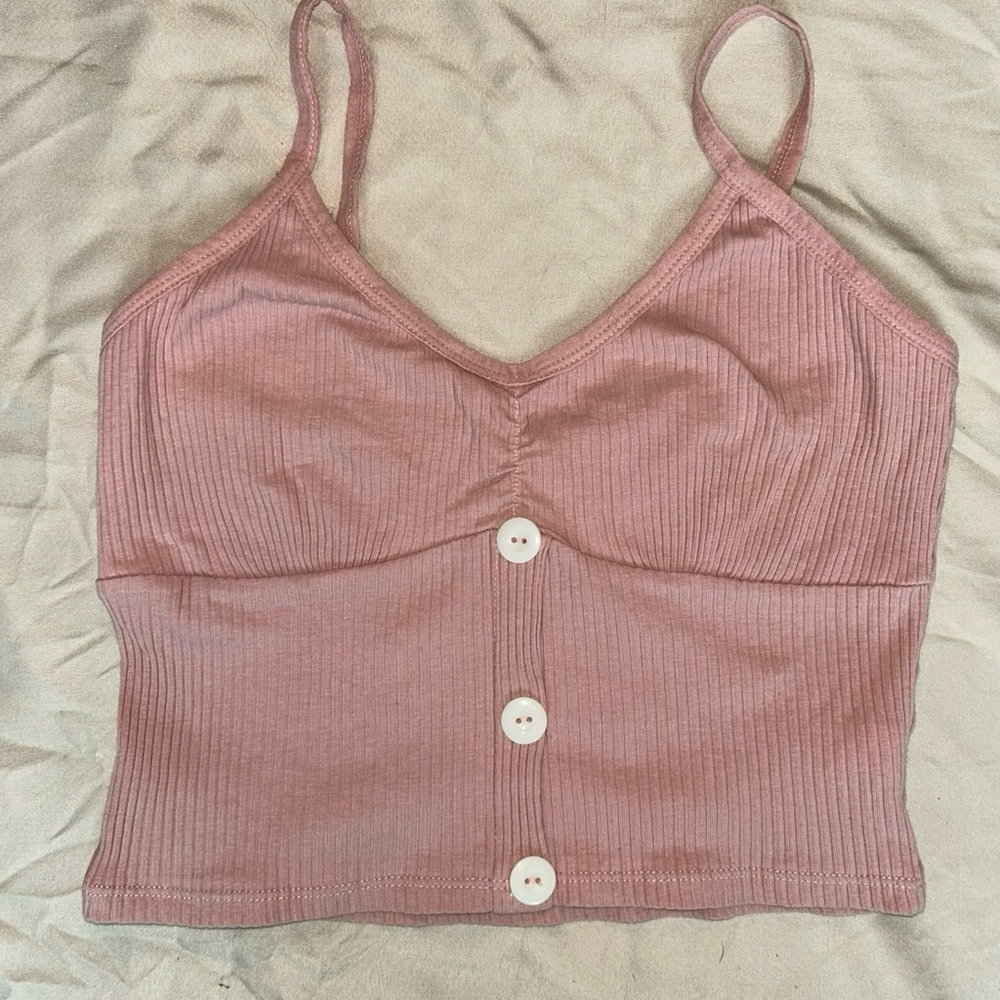 Pink Ribbed Button-Up Crop Top